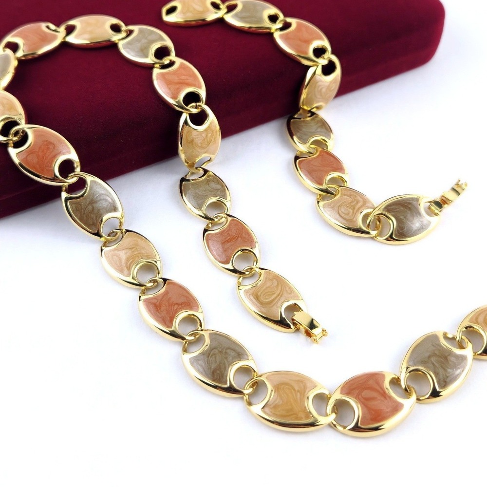 Vintage Gold Tone Earth Tone Enamel Necklace Bracelet Costume Jewelry Set